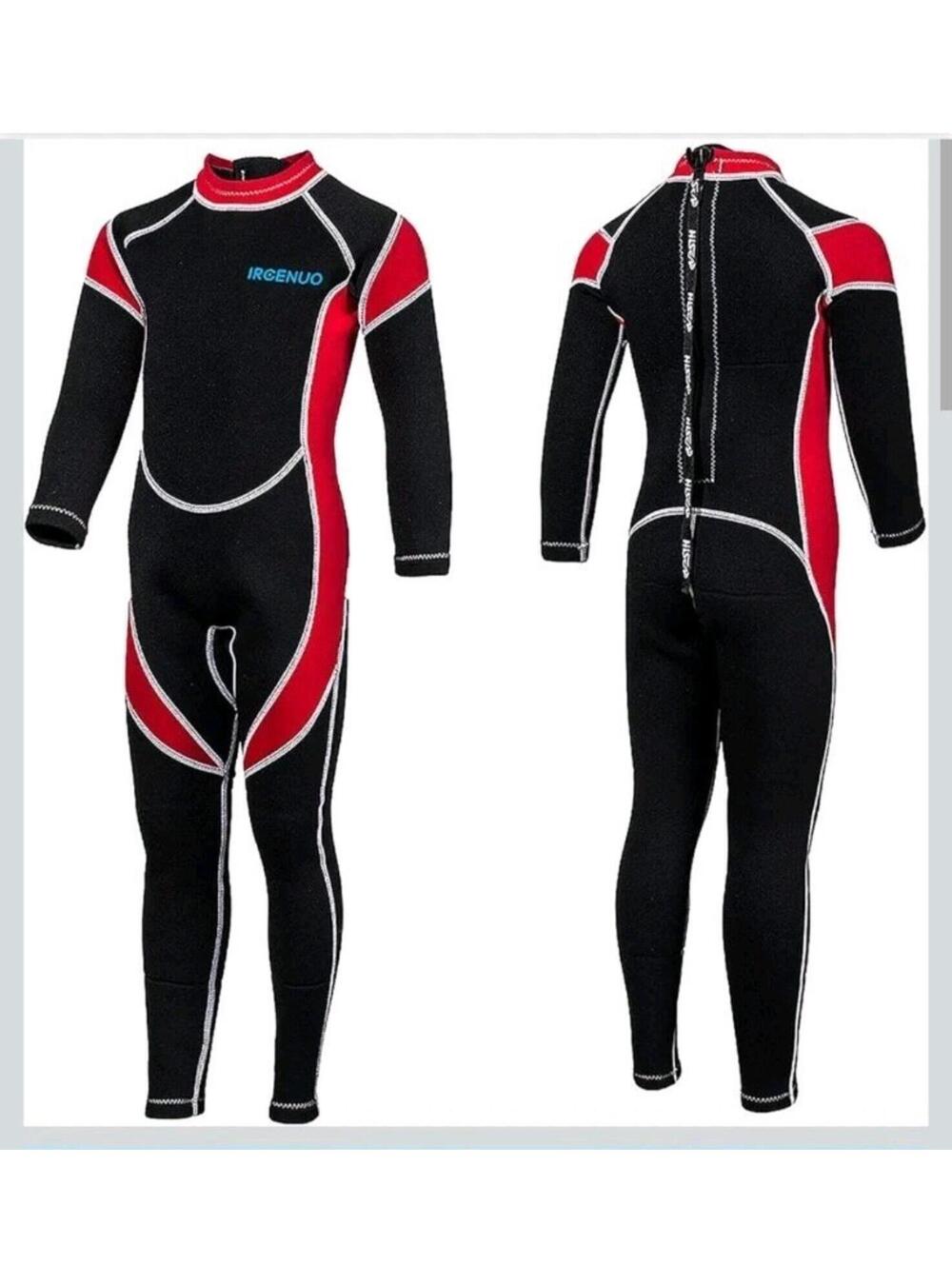 Boy's Ireenuo One-Piece Wetsuit 2.5MM Long Sleeve Back Zip Black Red Sz 10 NWT